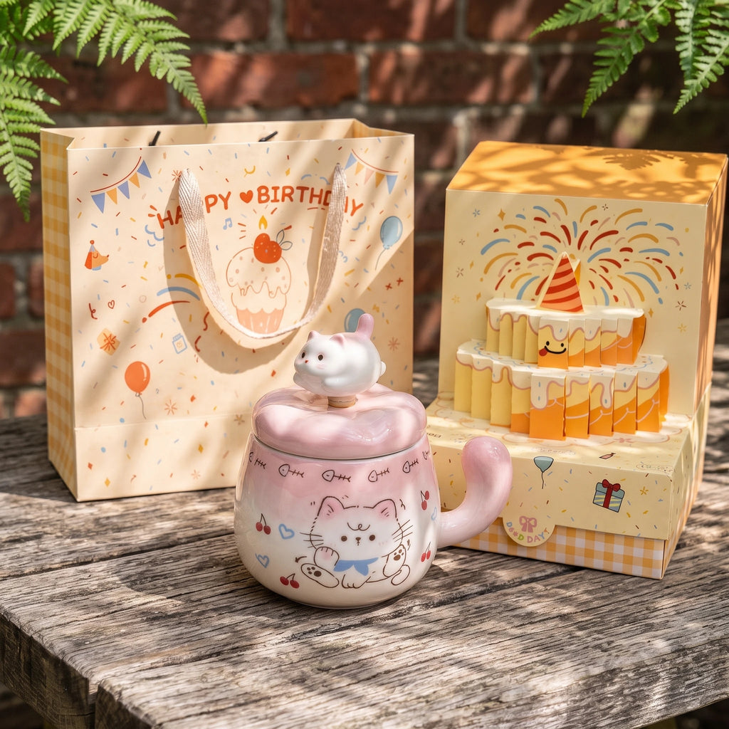 Spinning Cat Ceramic Mug with Lid | 360° Interactive Fidget Cup (13oz)