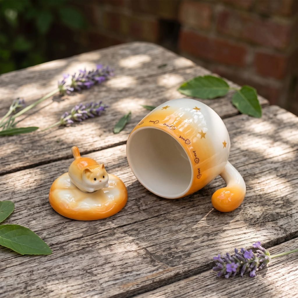 Spinning Cat Ceramic Mug with Lid | 360° Interactive Fidget Cup (13oz)