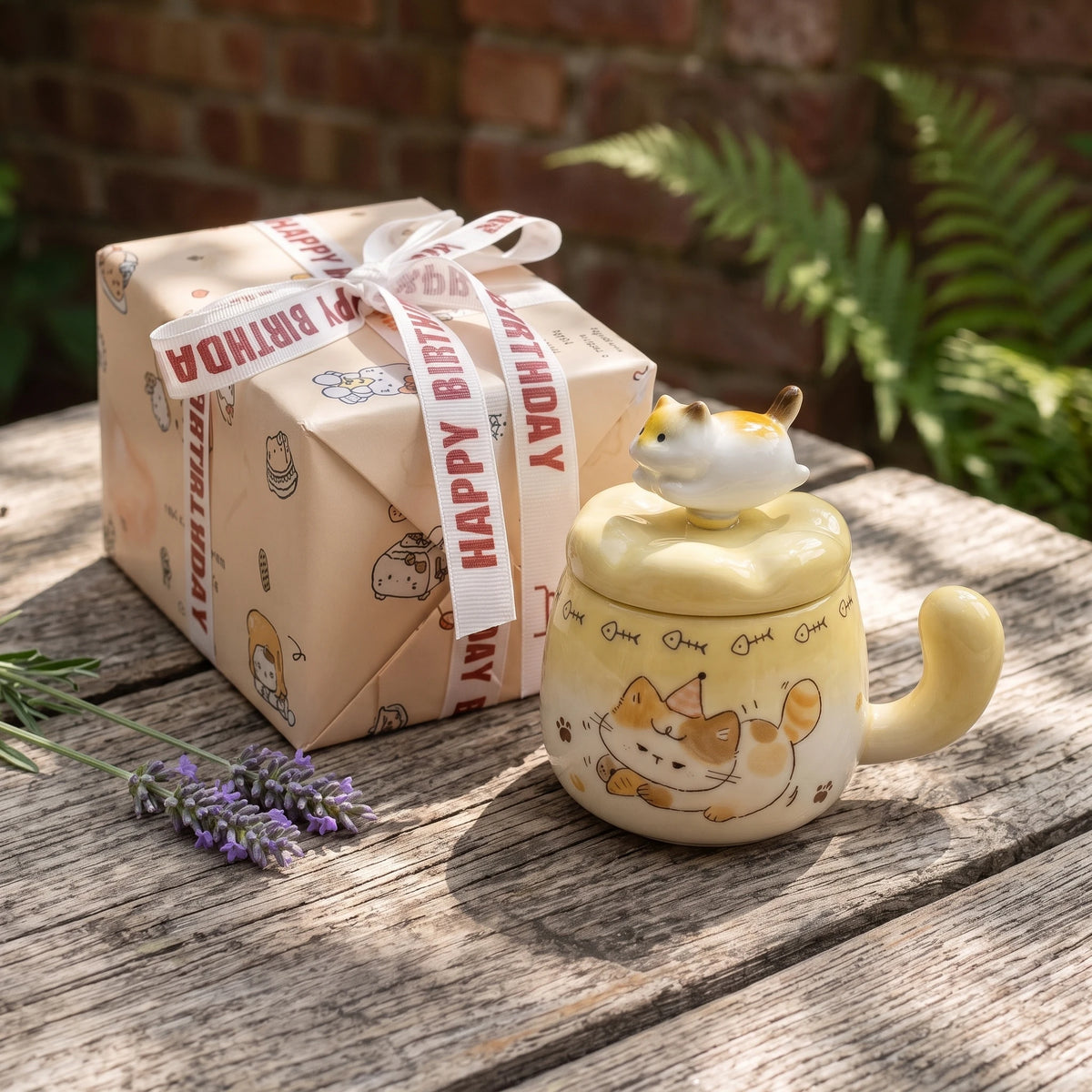 Spinning Cat Ceramic Mug with Lid | 360° Interactive Fidget Cup (13oz)