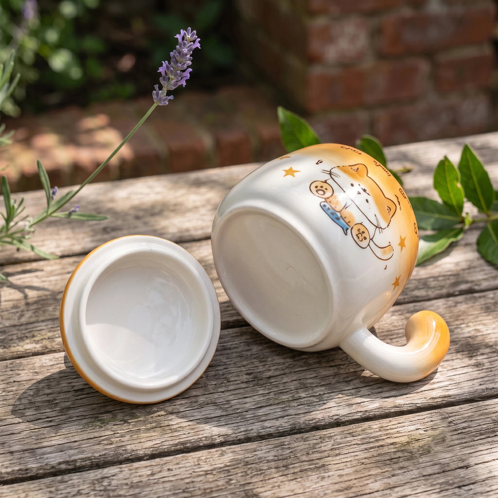 Spinning Cat Ceramic Mug with Lid | 360° Interactive Fidget Cup (13oz)