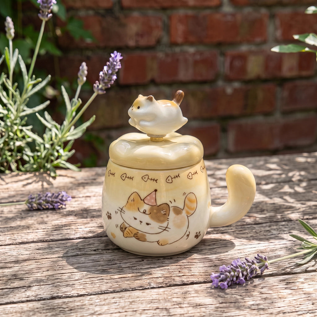Spinning Cat Ceramic Mug with Lid | 360° Interactive Fidget Cup (13oz)