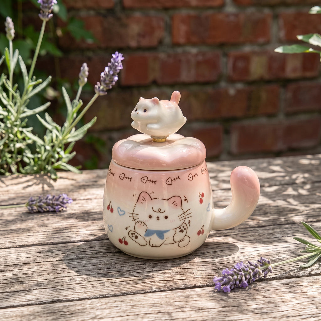 Spinning Cat Ceramic Mug with Lid | 360° Interactive Fidget Cup (13oz)