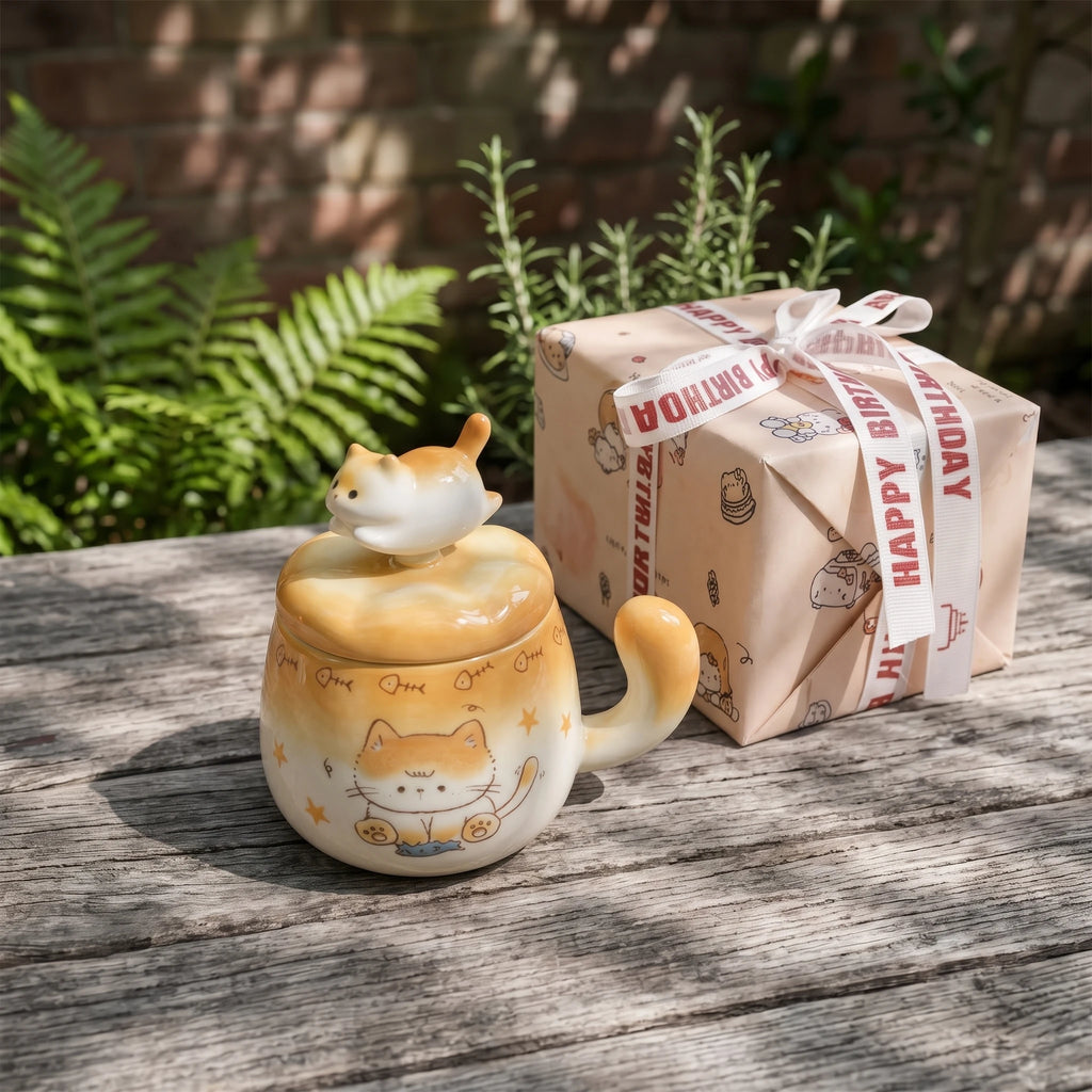 Spinning Cat Ceramic Mug with Lid | 360° Interactive Fidget Cup (13oz)