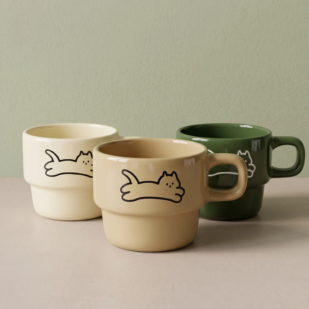 Minimalist Stackable Cat Ceramic Mug | Space-Saving Coffee Cup (9.5oz)