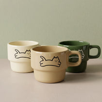 Minimalist Stackable Cat Ceramic Mug | Space-Saving Coffee Cup (9.5oz)