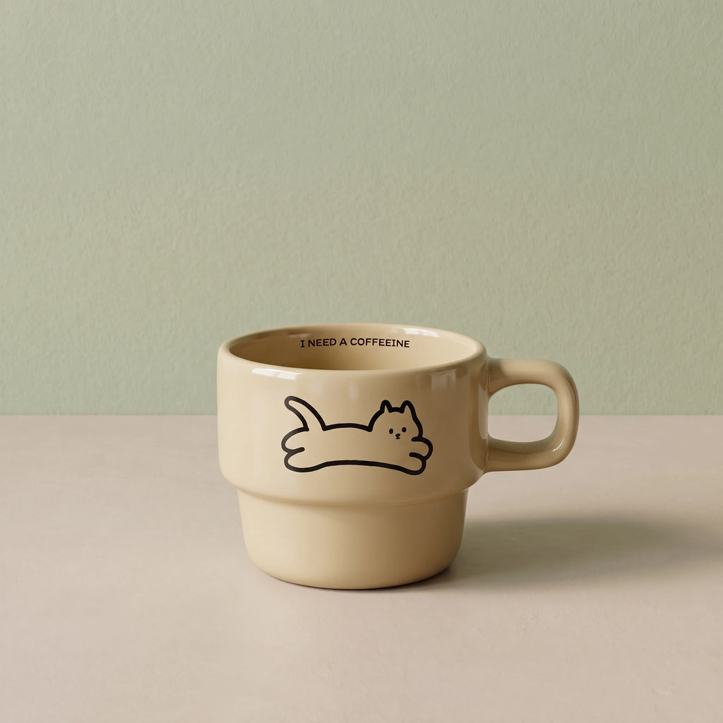 Minimalist Stackable Cat Ceramic Mug | Space-Saving Coffee Cup (9.5oz)