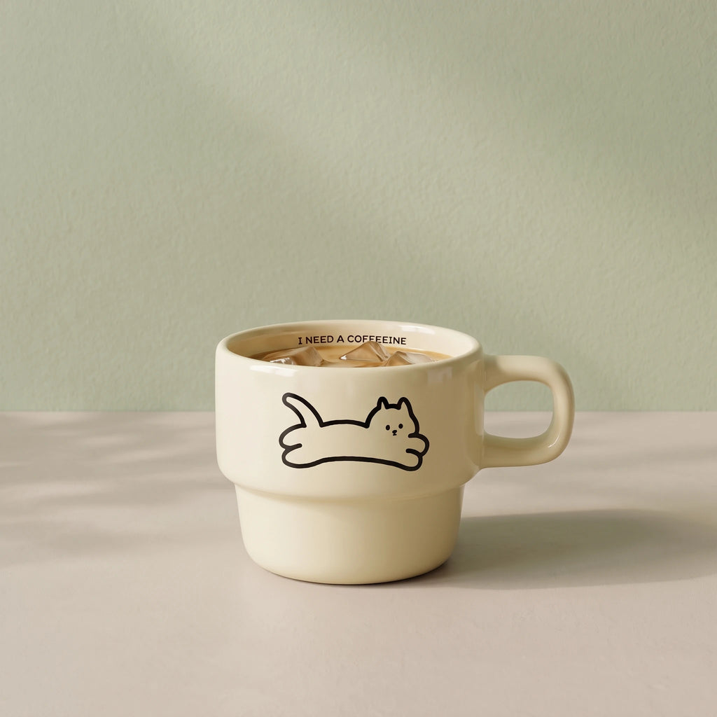 Minimalist Stackable Cat Ceramic Mug | Space-Saving Coffee Cup (9.5oz)
