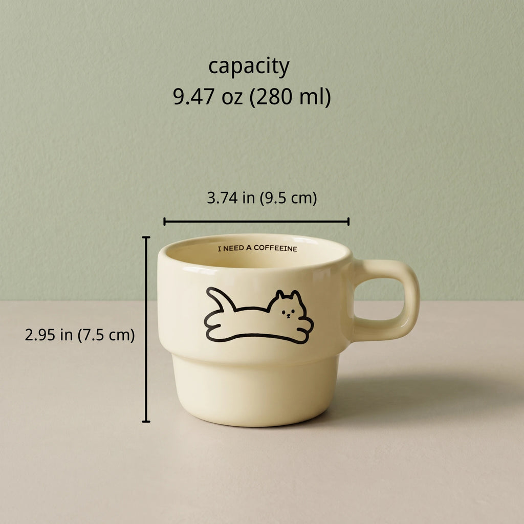 Minimalist Stackable Cat Ceramic Mug | Space-Saving Coffee Cup (9.5oz)