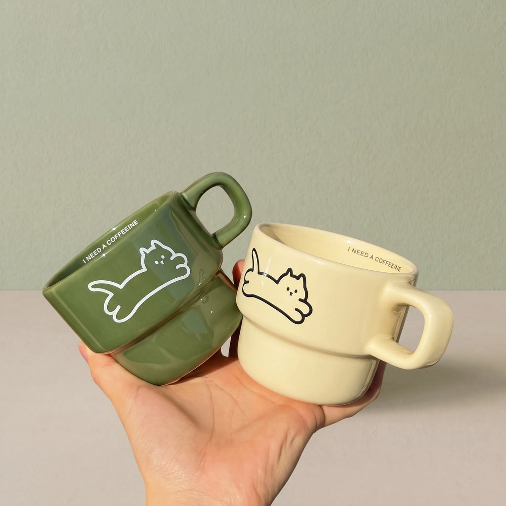 Minimalist Stackable Cat Ceramic Mug | Space-Saving Coffee Cup (9.5oz)