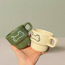 Minimalist Stackable Cat Ceramic Mug | Space-Saving Coffee Cup (9.5oz)