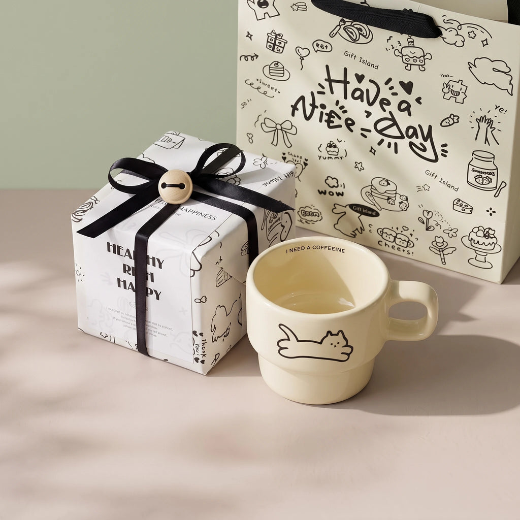 Minimalist Stackable Cat Ceramic Mug | Space-Saving Coffee Cup (9.5oz)