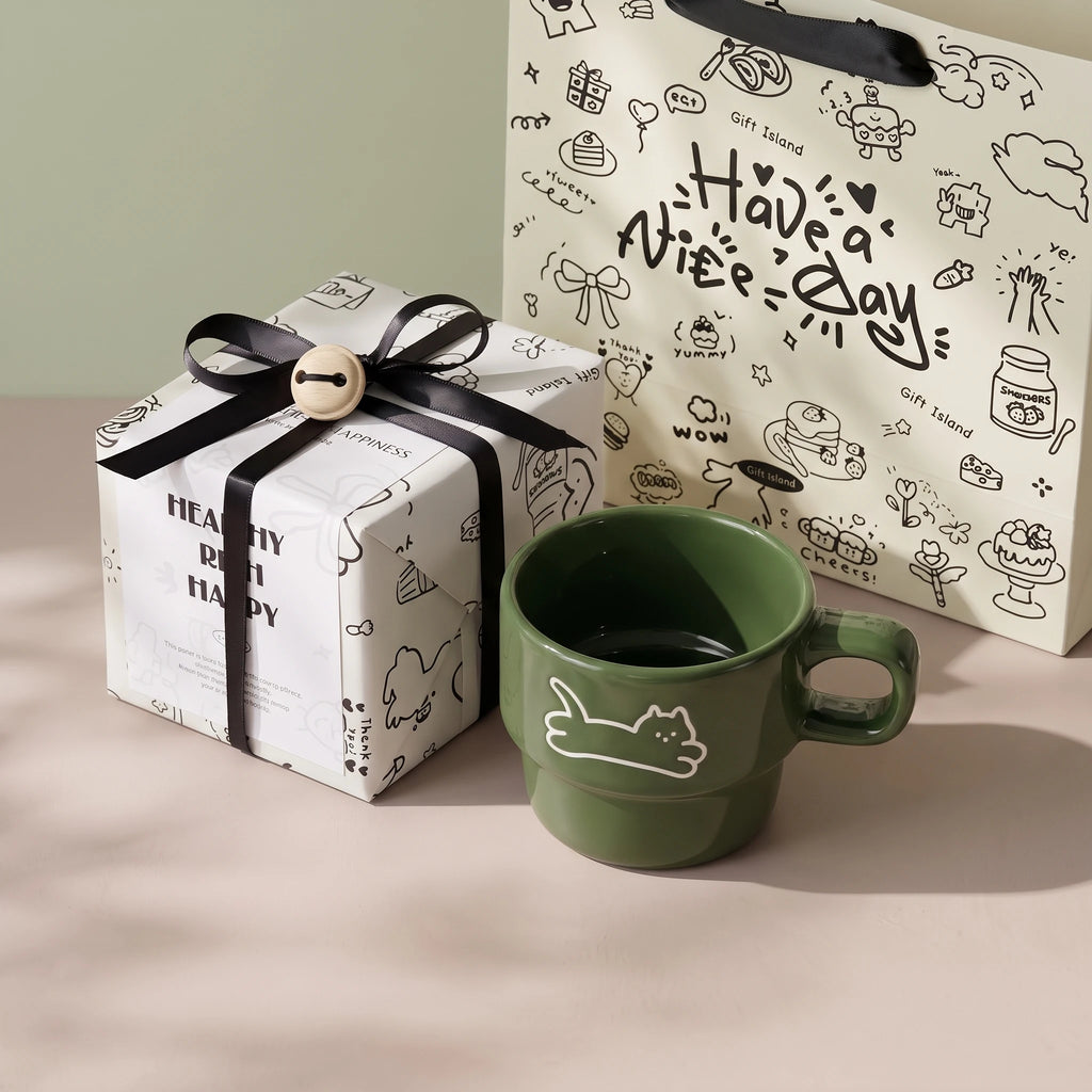 Minimalist Stackable Cat Ceramic Mug | Space-Saving Coffee Cup (9.5oz)