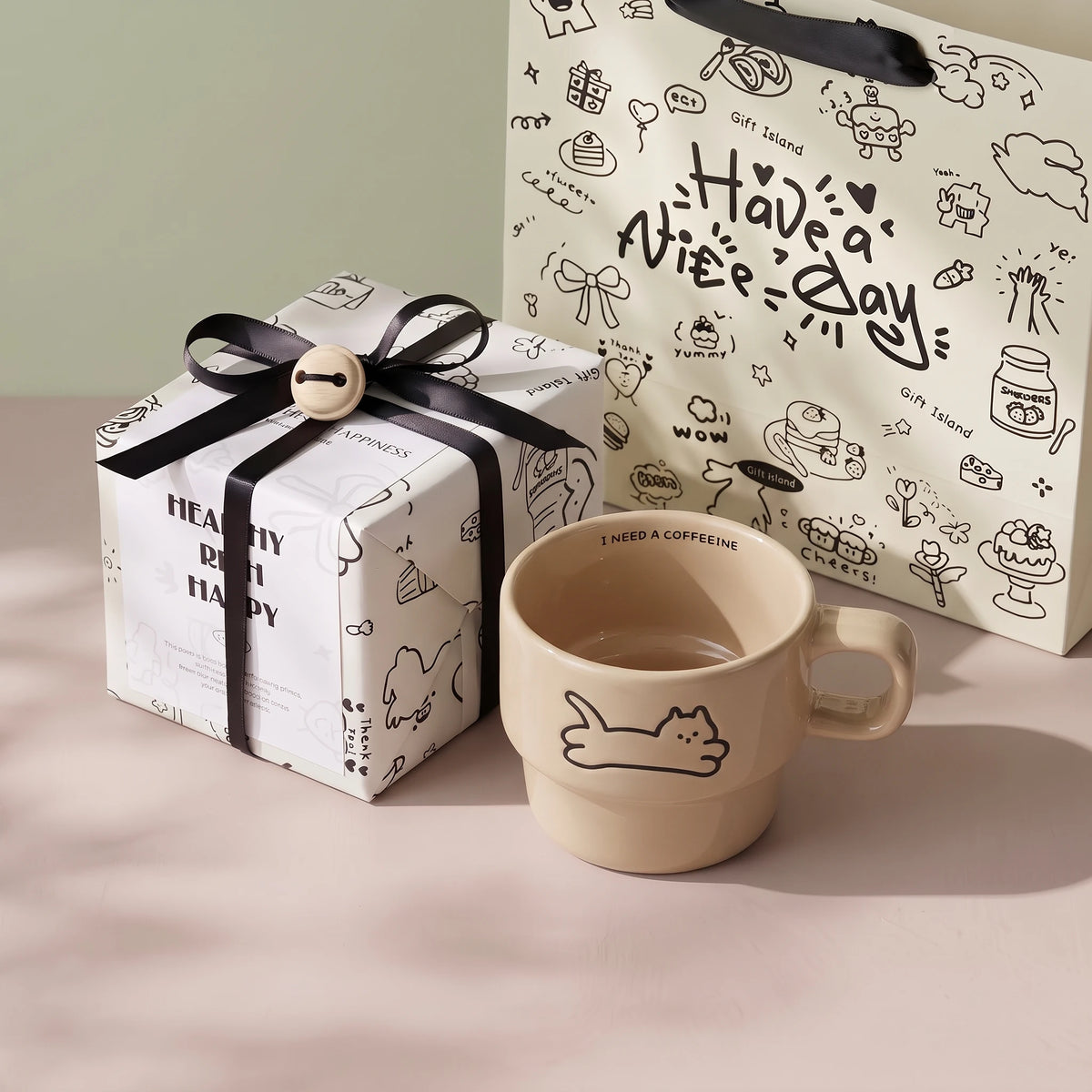 Minimalist Stackable Cat Ceramic Mug | Space-Saving Coffee Cup (9.5oz)