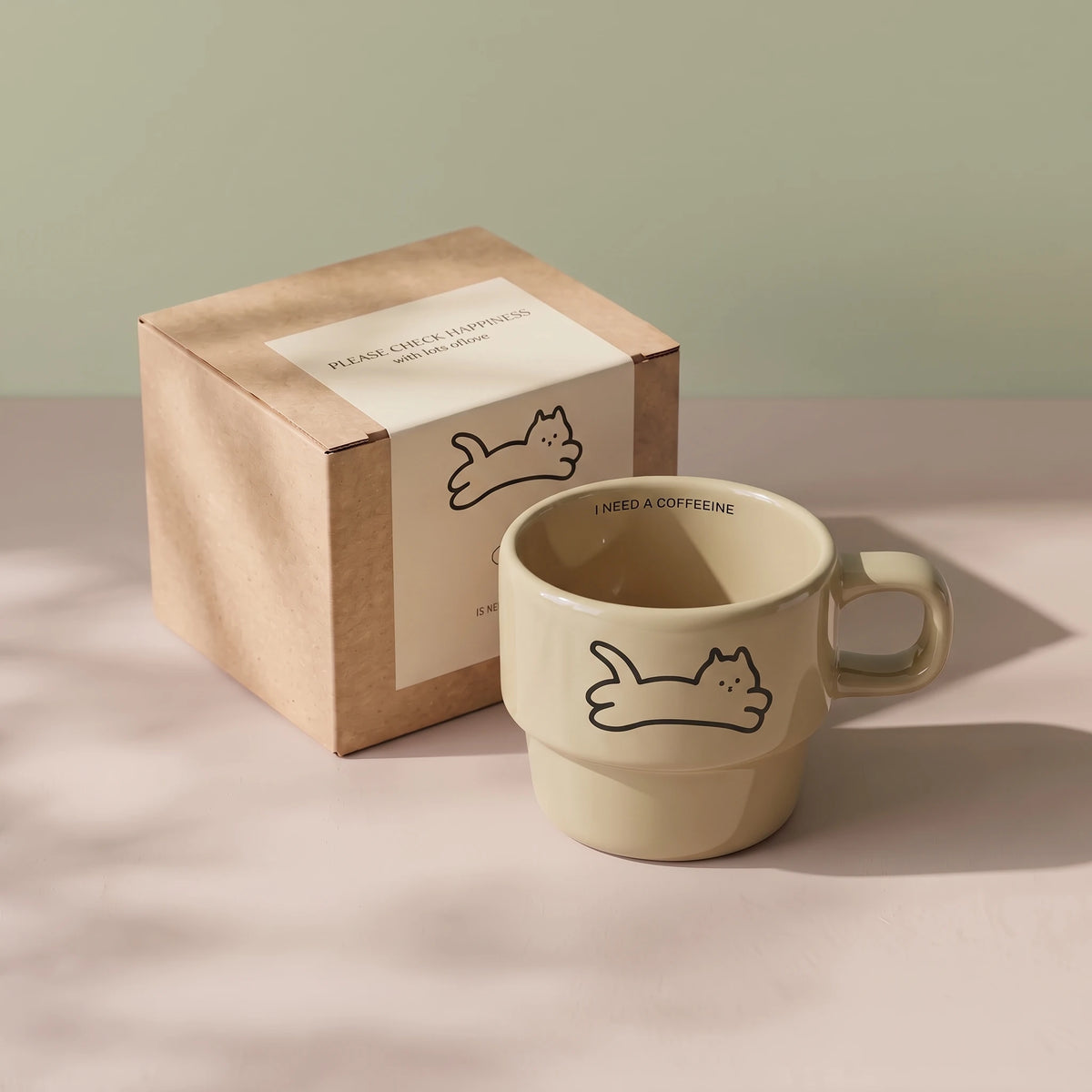 Minimalist Stackable Cat Ceramic Mug | Space-Saving Coffee Cup (9.5oz)