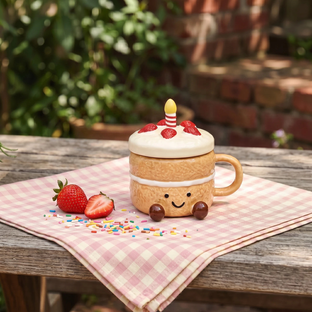 Strawberry Cake Ceramic Mug with Lid & Spoon | 3D Feet Coffee Cup (14oz)