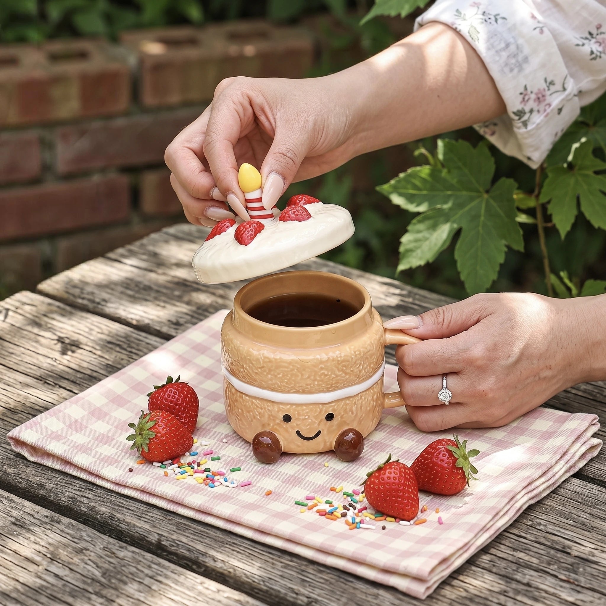 Strawberry Cake Ceramic Mug with Lid & Spoon | 3D Feet Coffee Cup (14oz)