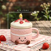 Strawberry Cake Ceramic Mug with Lid & Spoon | 3D Feet Coffee Cup (14oz)