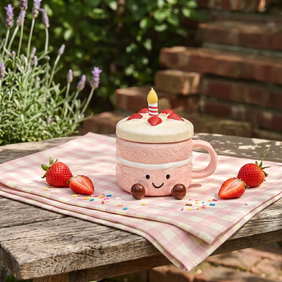 Strawberry Cake Ceramic Mug with Lid & Spoon | 3D Feet Coffee Cup (14oz)