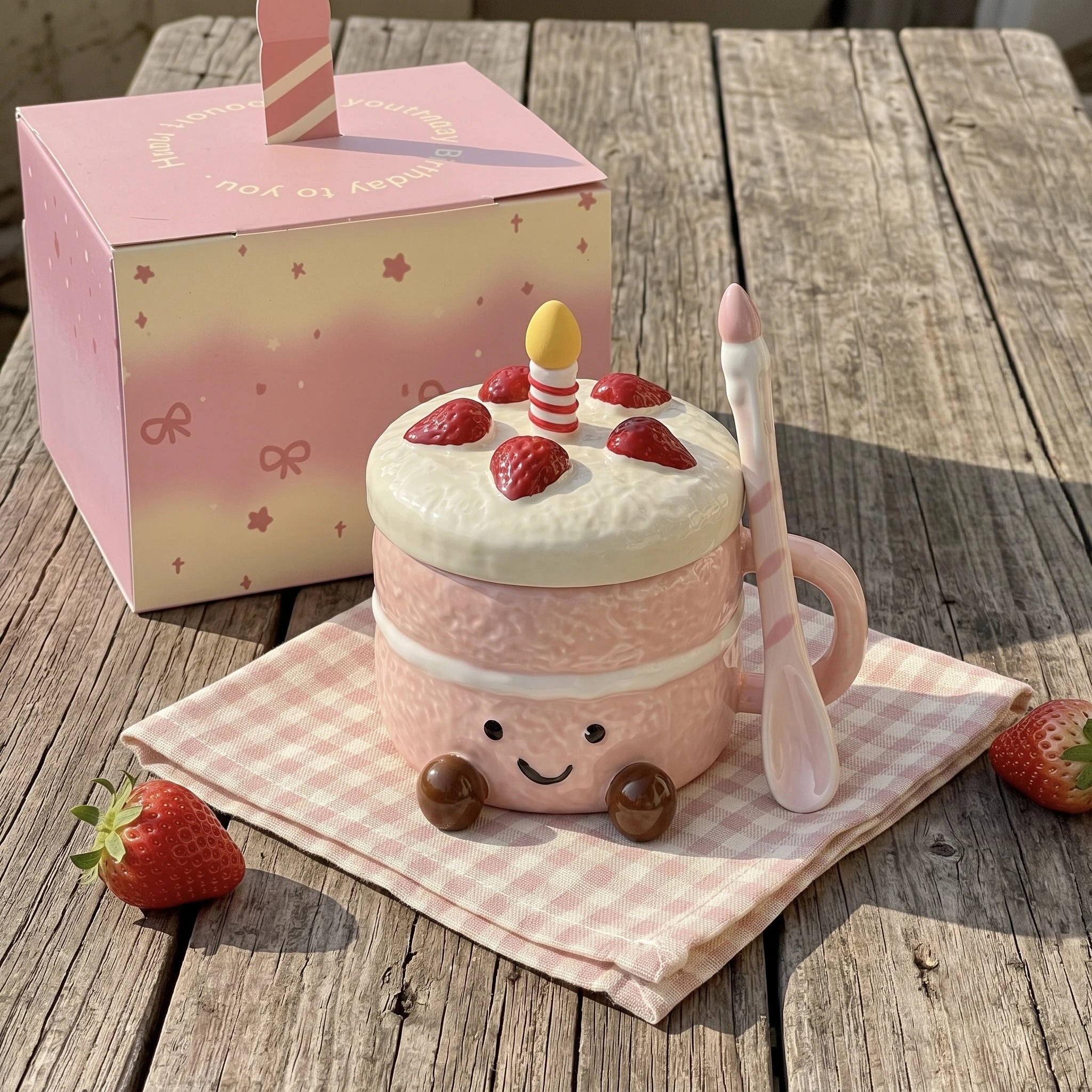 Strawberry Cake Ceramic Mug with Lid & Spoon | 3D Feet Coffee Cup (14oz) Main image