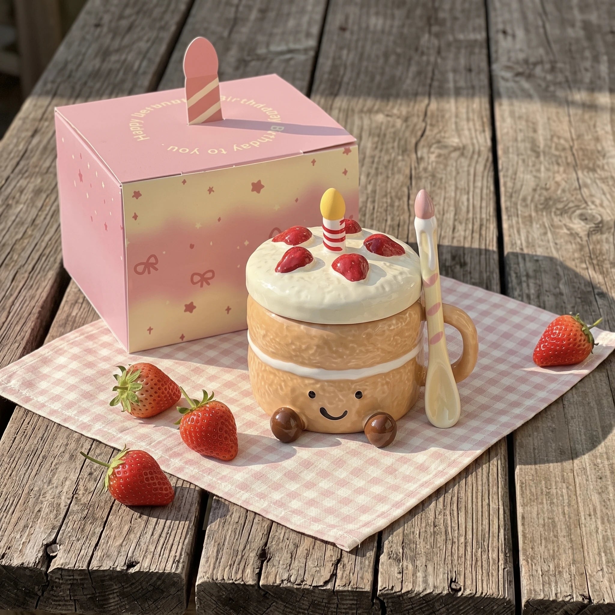 Strawberry Cake Ceramic Mug with Lid & Spoon | 3D Feet Coffee Cup (14oz)