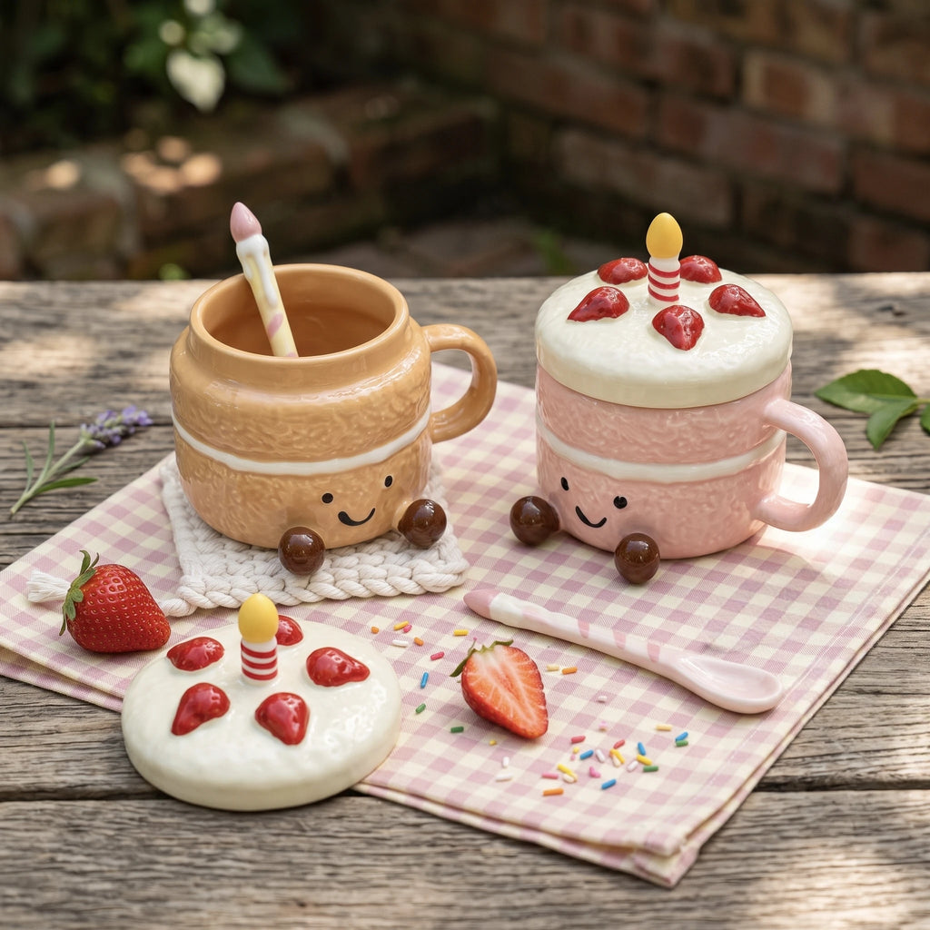 Strawberry Cake Ceramic Mug with Lid & Spoon | 3D Feet Coffee Cup (14oz)