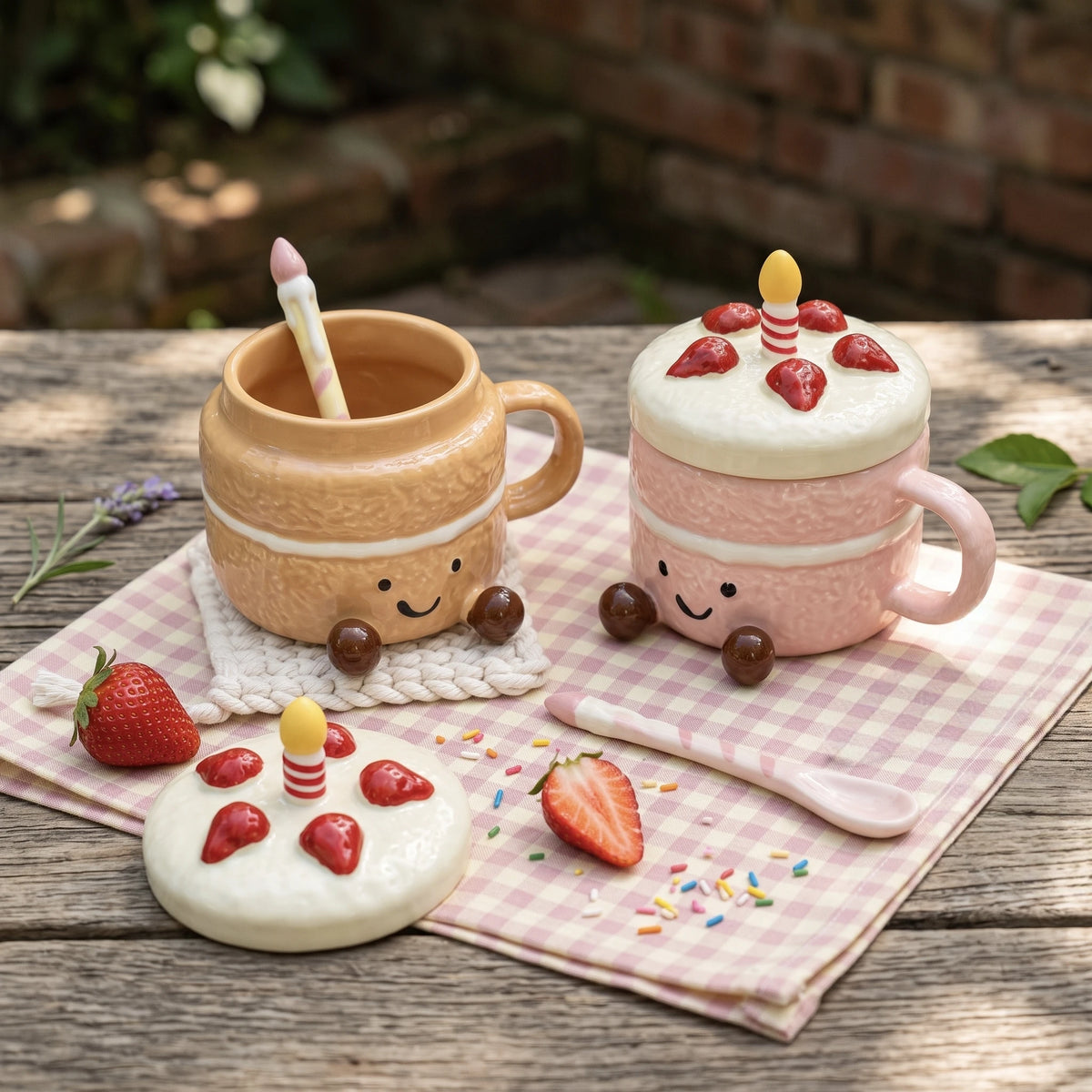 Strawberry Cake Ceramic Mug with Lid & Spoon | 3D Feet Coffee Cup (14oz)
