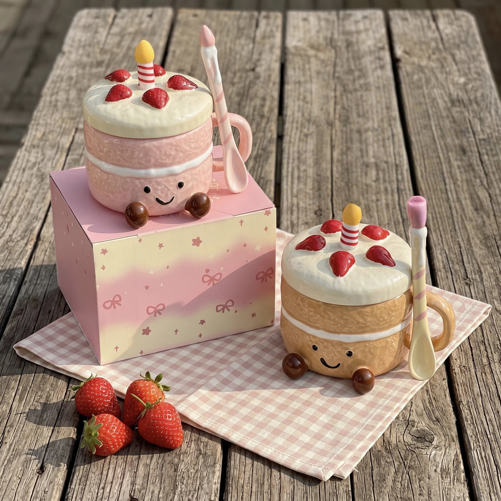 Strawberry Cake Ceramic Mug with Lid & Spoon | 3D Feet Coffee Cup (14oz)