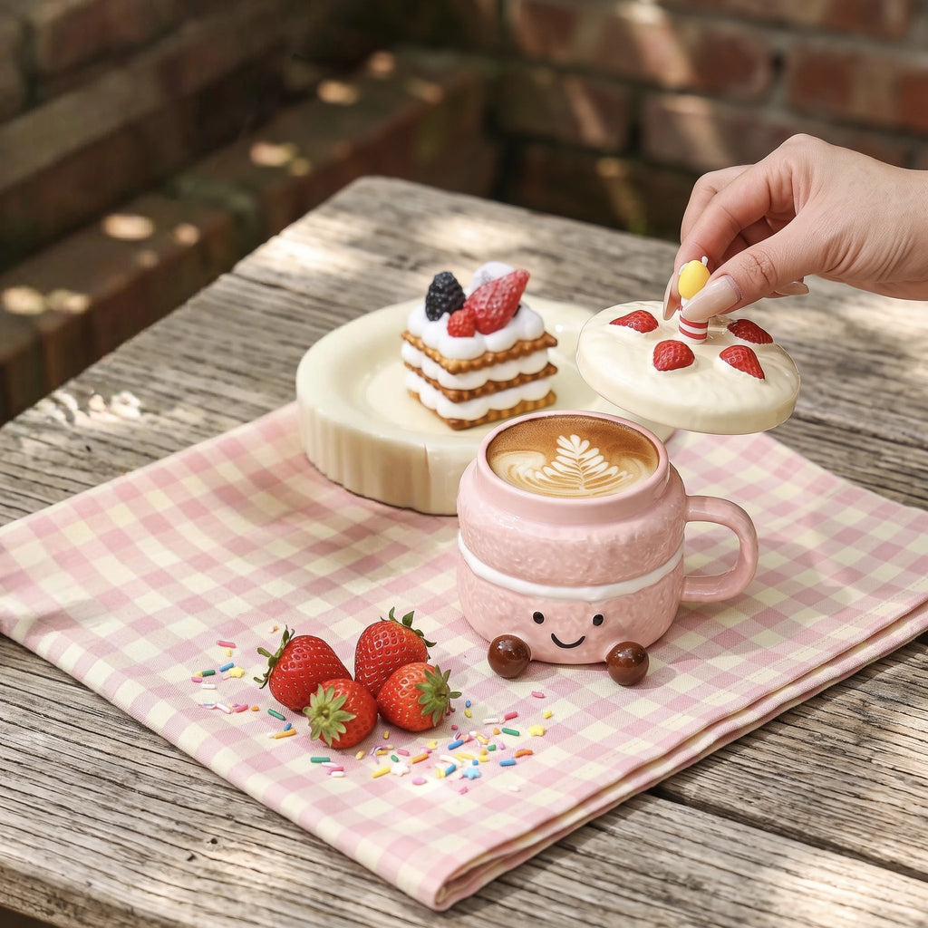 Strawberry Cake Ceramic Mug with Lid & Spoon | 3D Feet Coffee Cup (14oz)