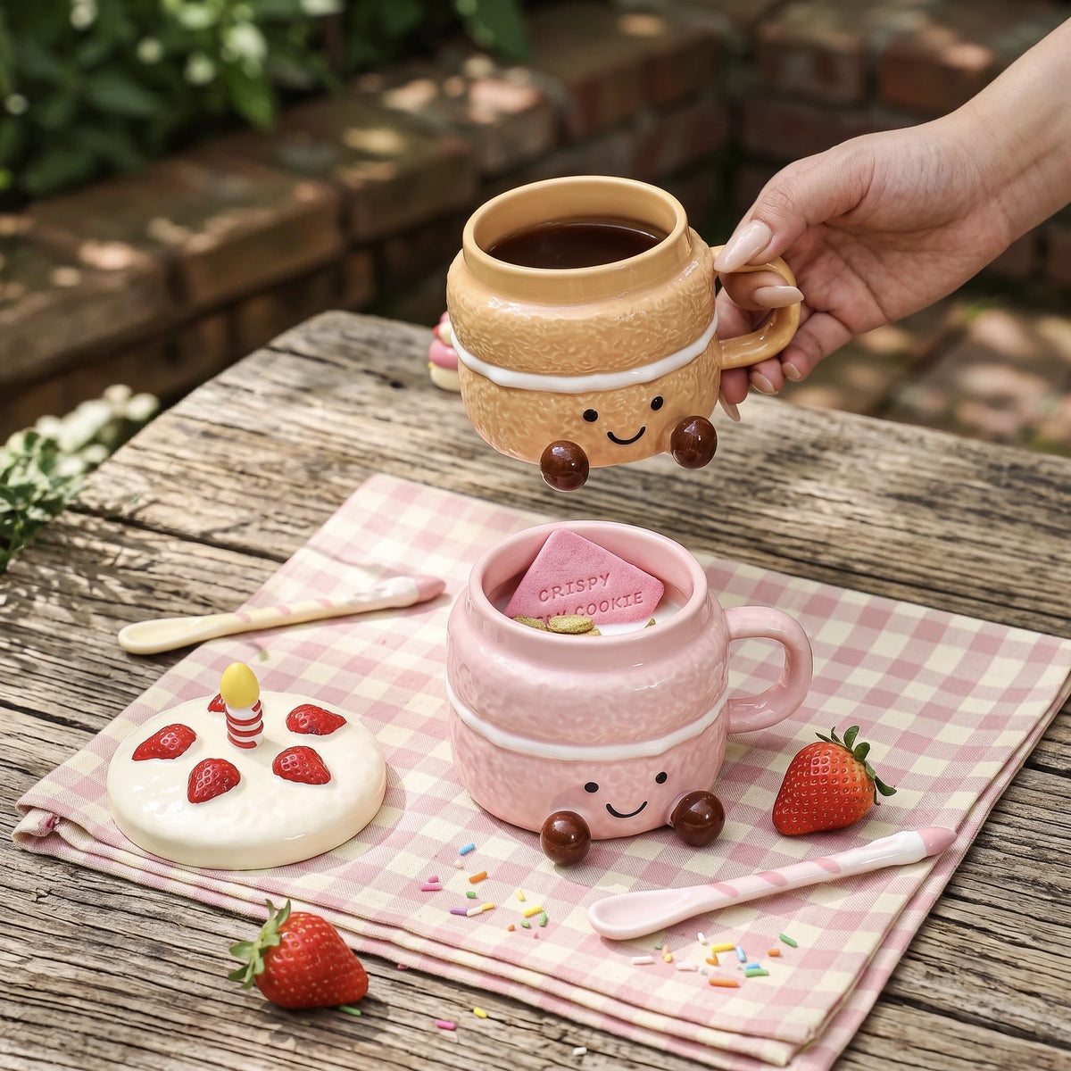 Strawberry Cake Ceramic Mug with Lid & Spoon | 3D Feet Coffee Cup (14oz)