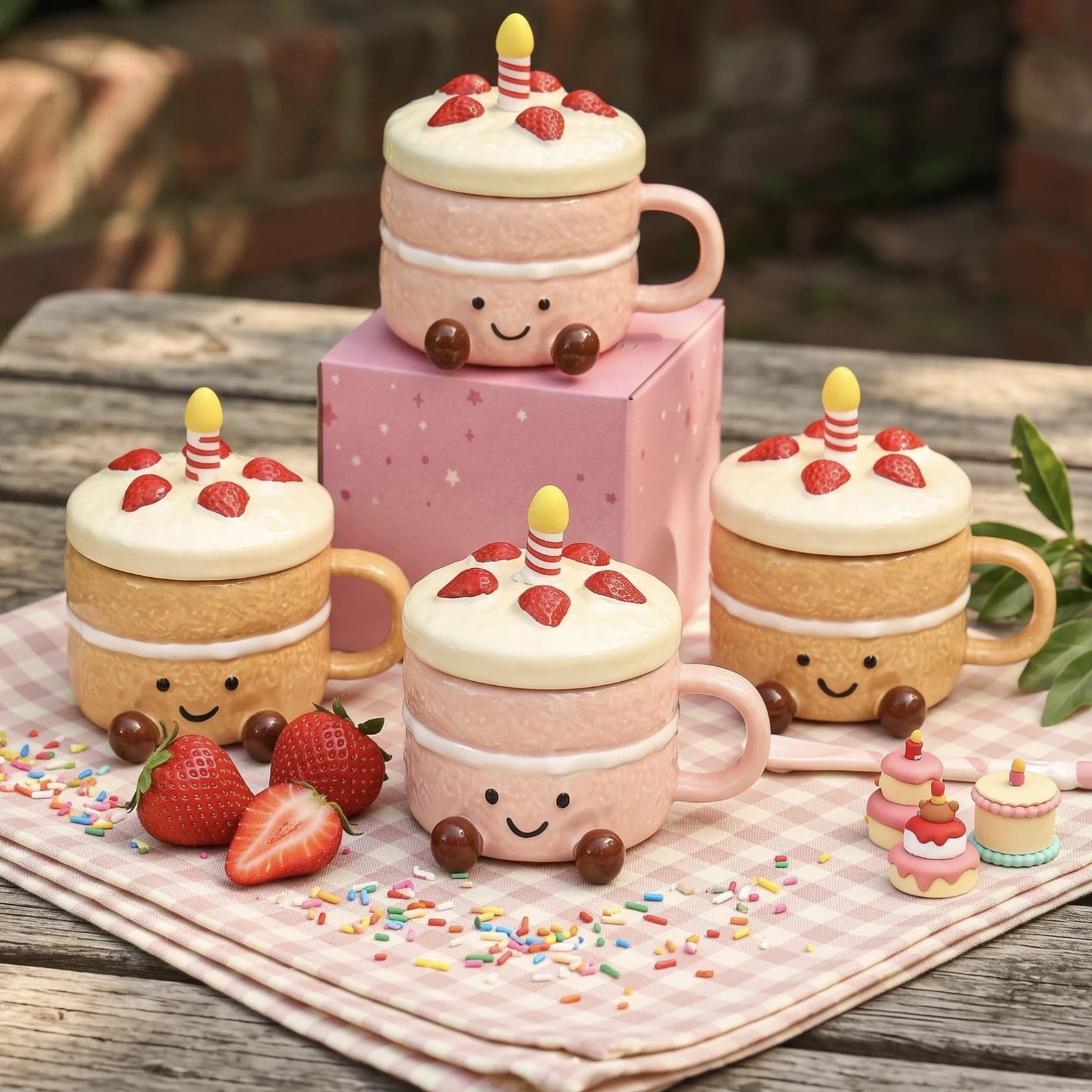 Strawberry Cake Ceramic Mug with Lid & Spoon | 3D Feet Coffee Cup (14oz)