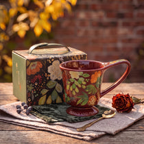 Vintage Botanical Ceramic Pedestal Mug with Gift Box | Autumn Coffee Cup