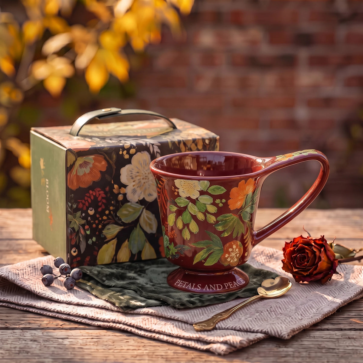 Vintage Botanical Ceramic Pedestal Mug with Gift Box | Autumn Coffee Cup