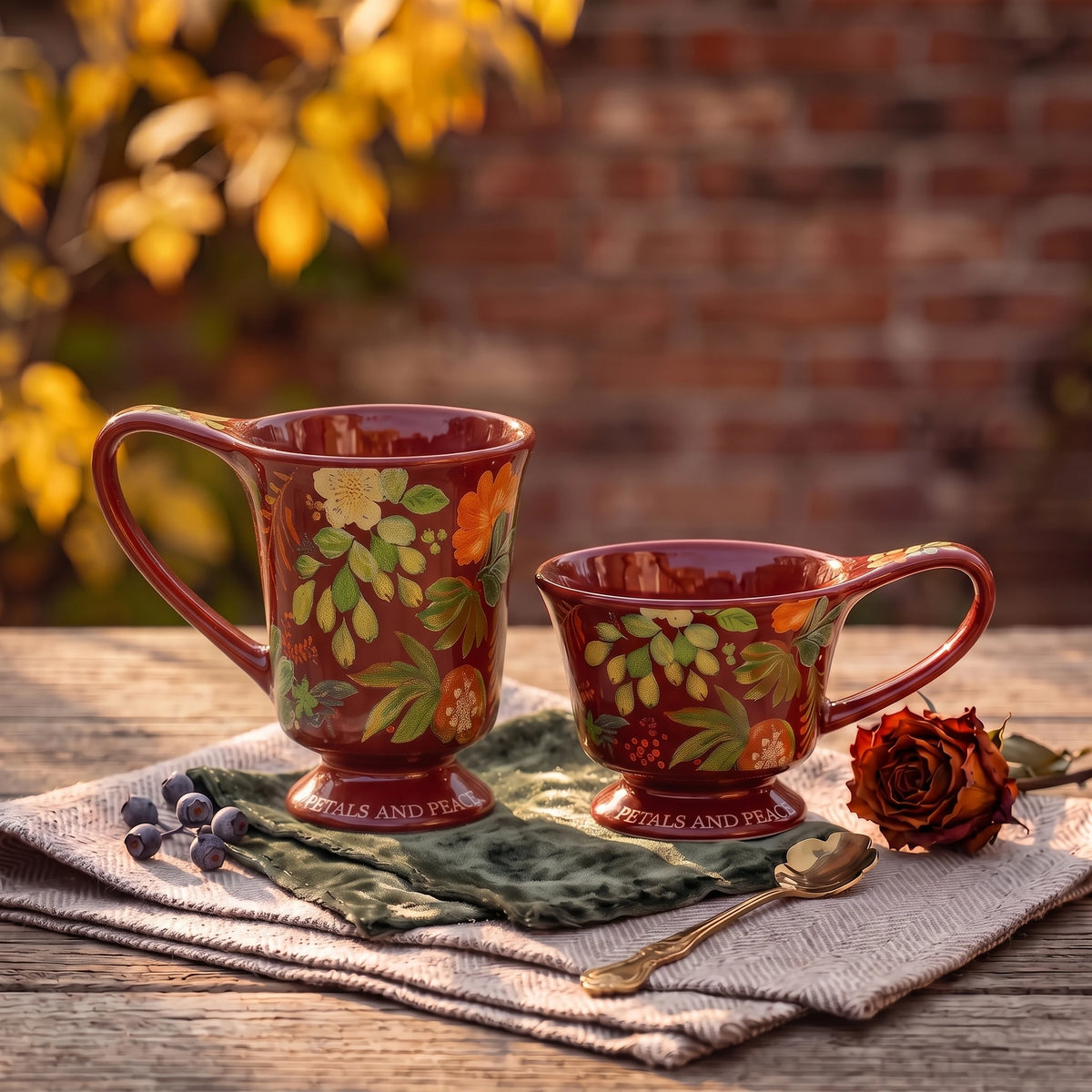 Vintage Botanical Ceramic Pedestal Mug with Gift Box | Autumn Coffee Cup