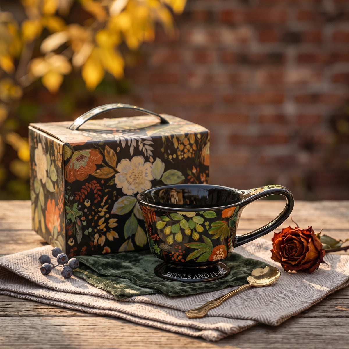 Vintage Botanical Ceramic Pedestal Mug with Gift Box | Autumn Coffee Cup