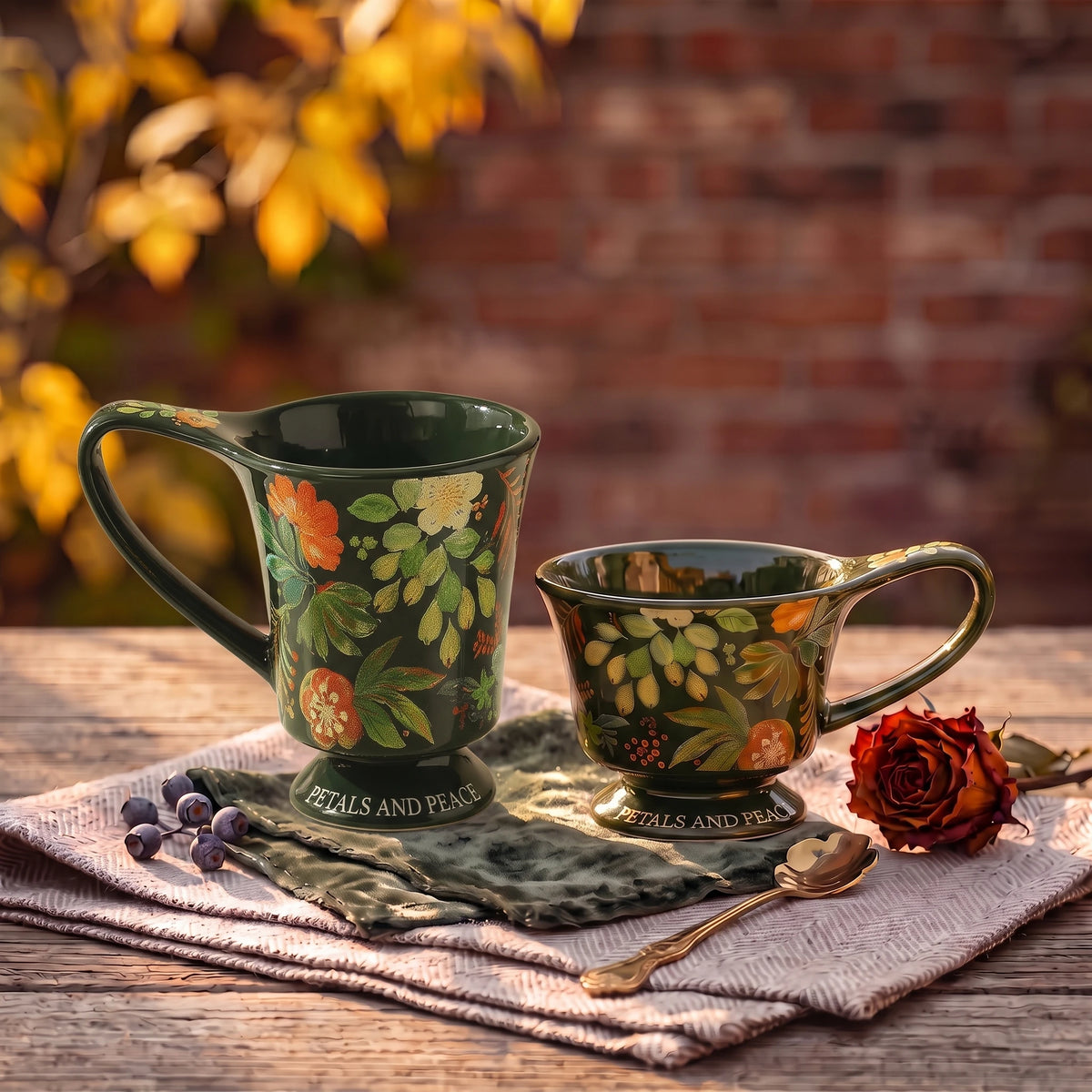 Vintage Botanical Ceramic Pedestal Mug with Gift Box | Autumn Coffee Cup