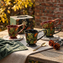 Vintage Botanical Ceramic Pedestal Mug with Gift Box | Autumn Coffee Cup