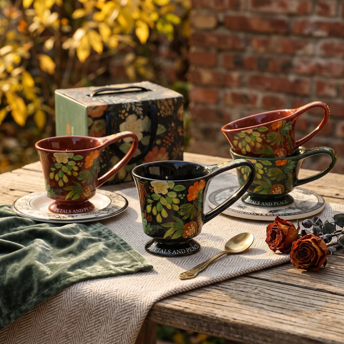 Vintage Botanical Ceramic Pedestal Mug with Gift Box | Autumn Coffee Cup