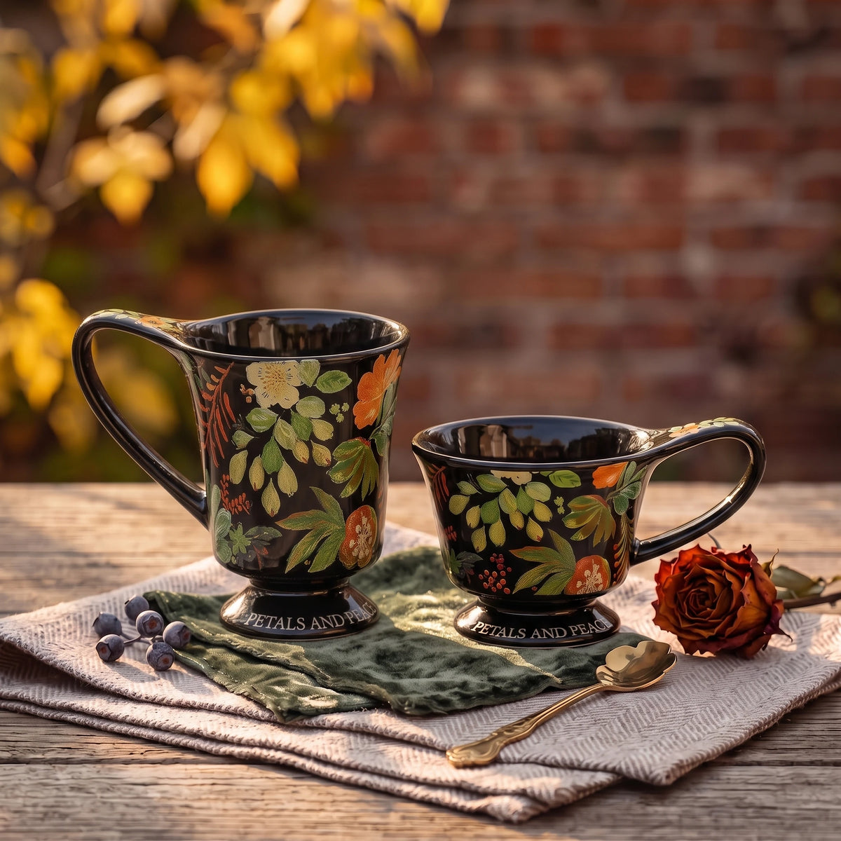 Vintage Botanical Ceramic Pedestal Mug with Gift Box | Autumn Coffee Cup