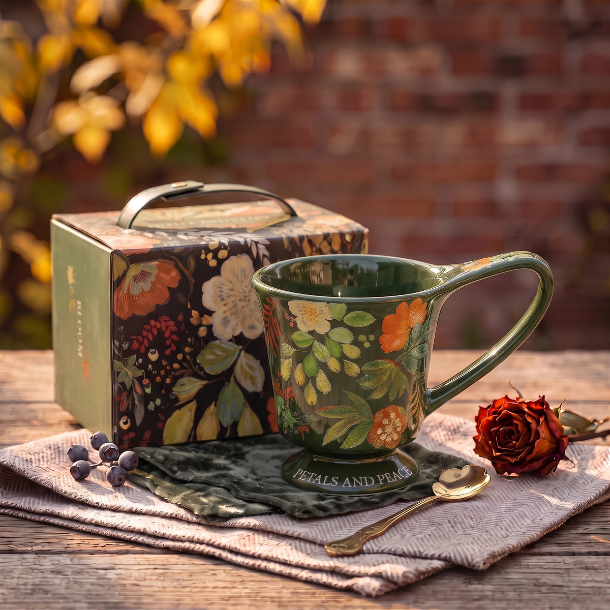 Vintage Botanical Ceramic Pedestal Mug with Gift Box | Autumn Coffee Cup