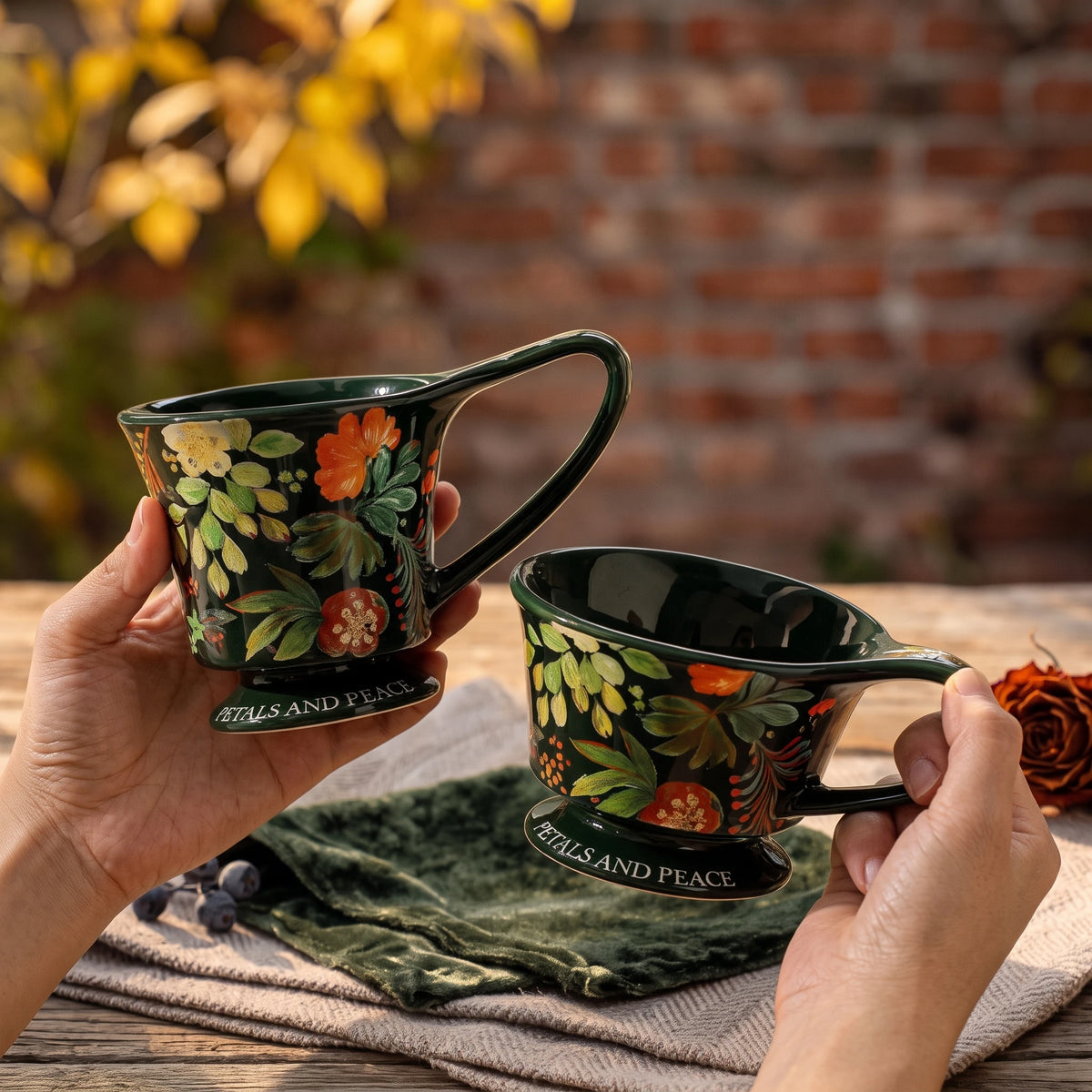Vintage Botanical Ceramic Pedestal Mug with Gift Box | Autumn Coffee Cup