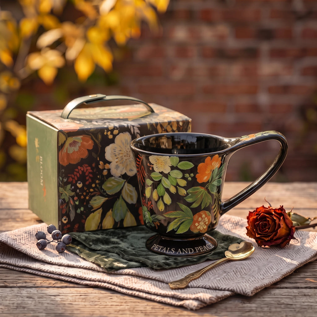 Vintage Botanical Ceramic Pedestal Mug with Gift Box | Autumn Coffee Cup