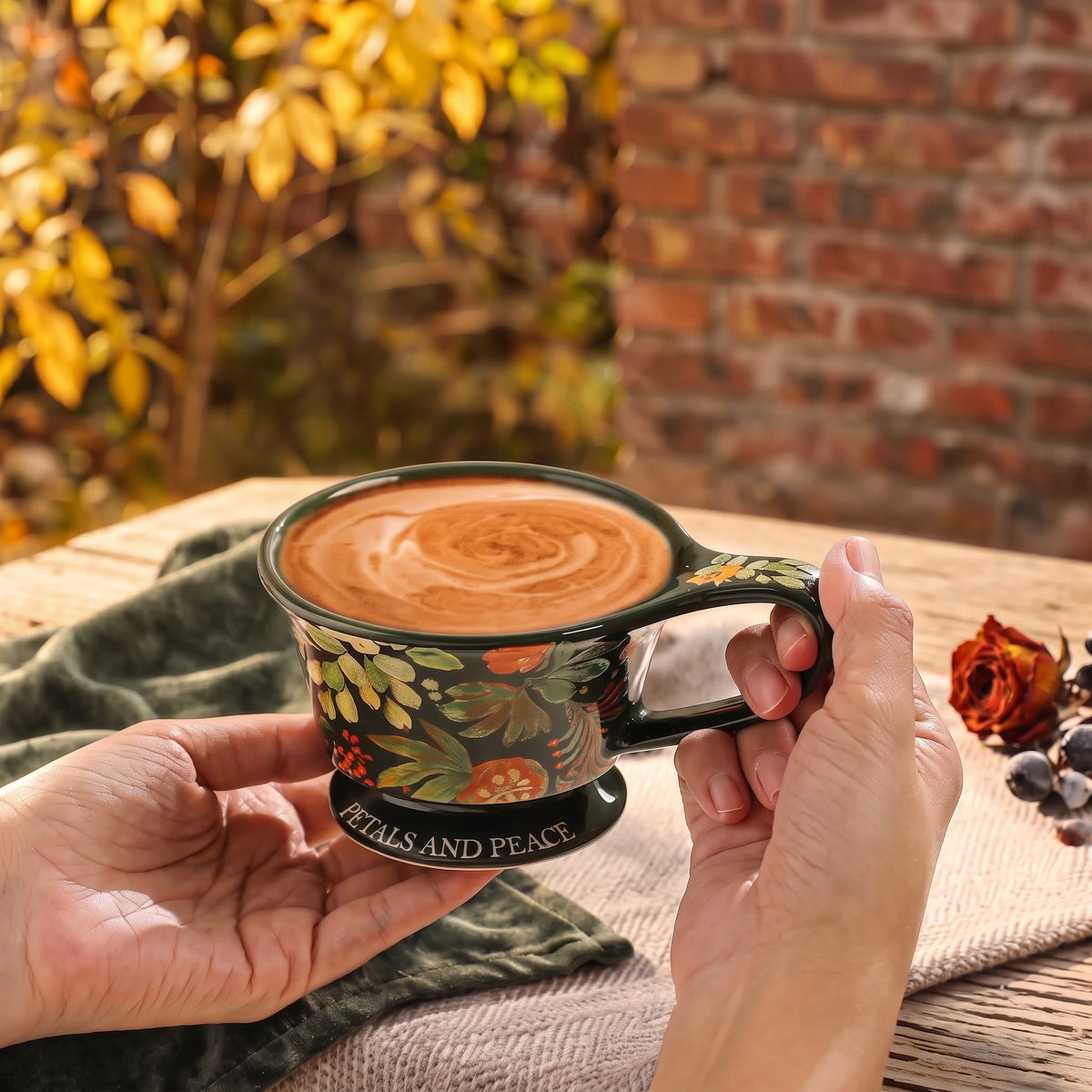 Vintage Botanical Ceramic Pedestal Mug with Gift Box | Autumn Coffee Cup