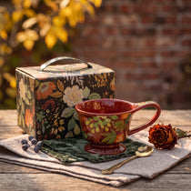 Vintage Botanical Ceramic Pedestal Mug with Gift Box | Autumn Coffee Cup