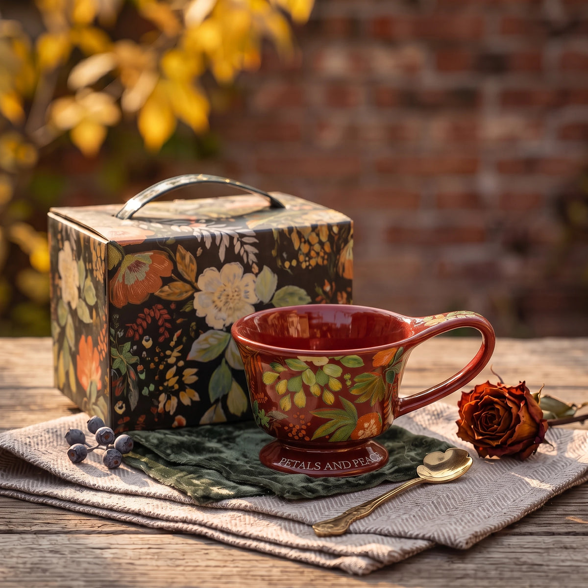 Vintage Botanical Ceramic Pedestal Mug with Gift Box | Autumn Coffee Cup