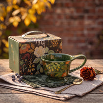 Vintage Botanical Ceramic Pedestal Mug with Gift Box | Autumn Coffee Cup