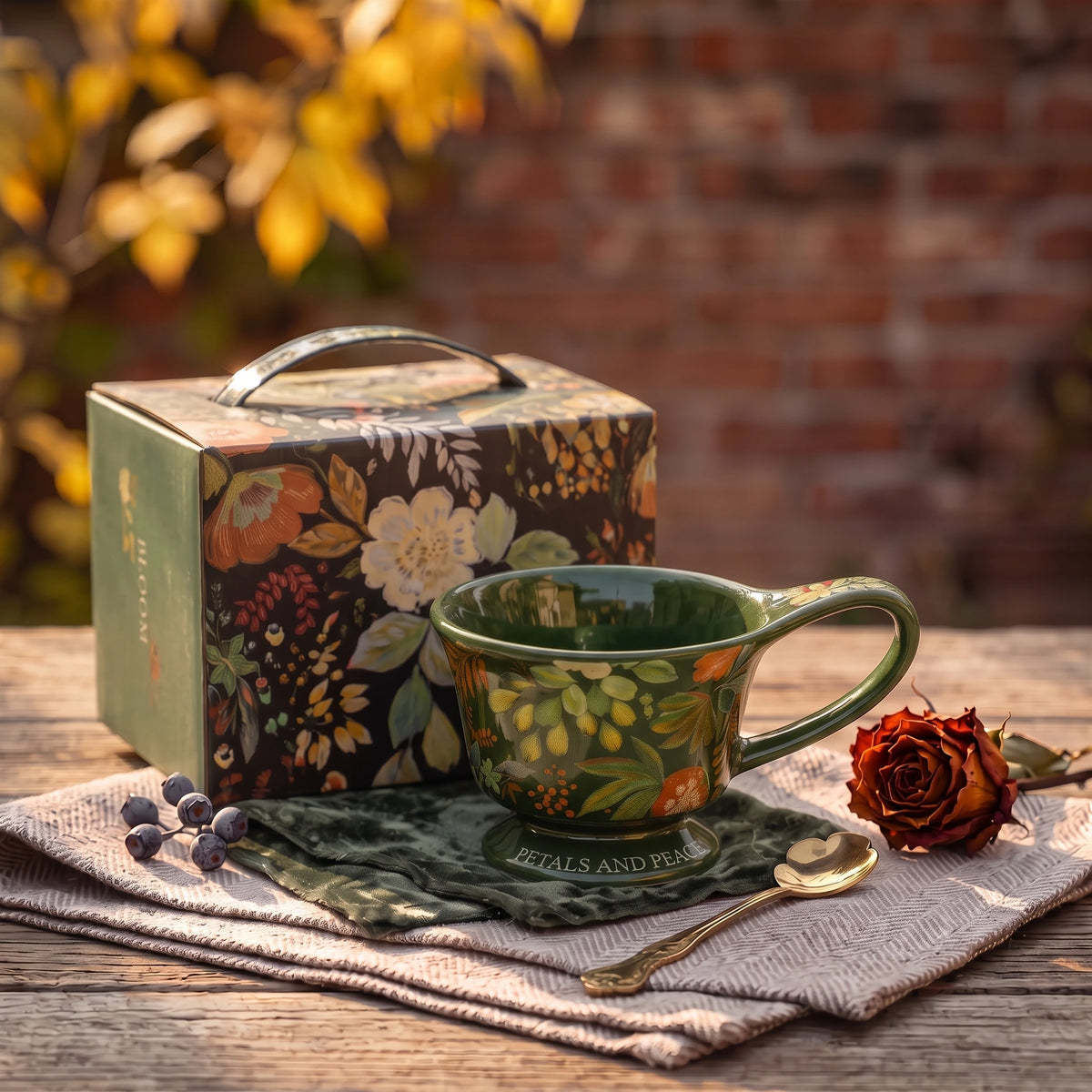 Vintage Botanical Ceramic Pedestal Mug with Gift Box | Autumn Coffee Cup