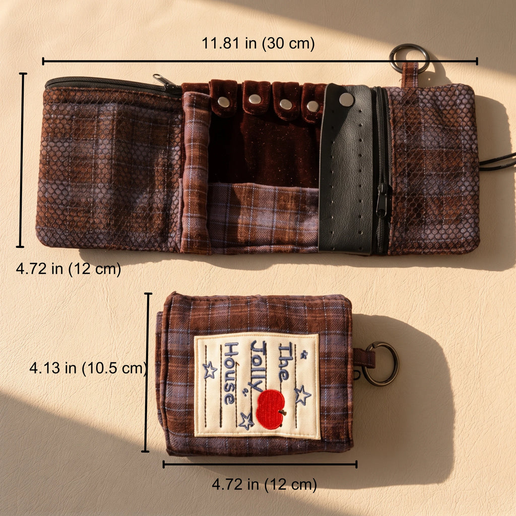 Vintage Plaid Travel Jewelry Roll Organizer | Hanging Tri-Fold Pouch with Carabiner
