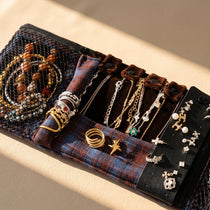 Vintage Plaid Travel Jewelry Roll Organizer | Hanging Tri-Fold Pouch with Carabiner
