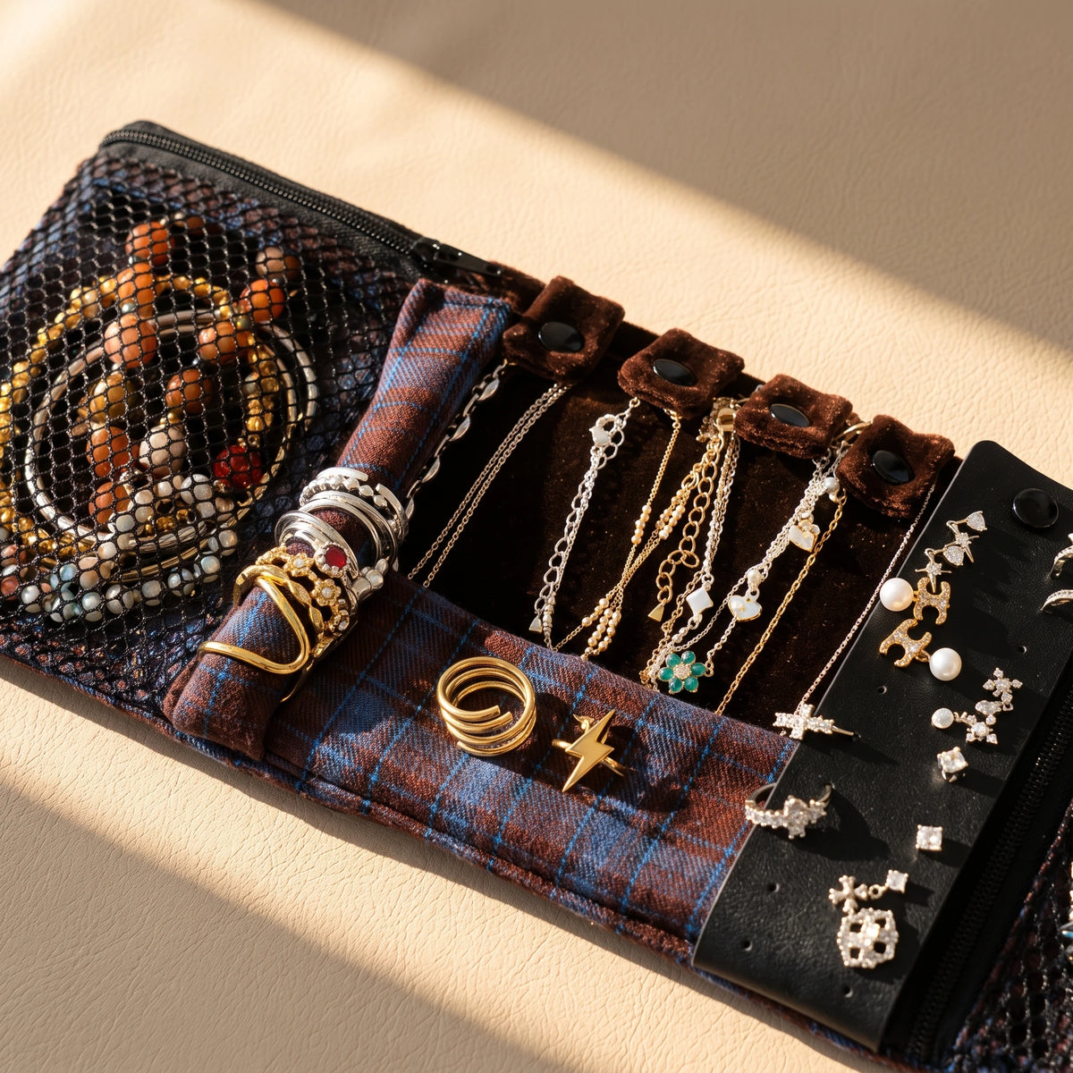 Vintage Plaid Travel Jewelry Roll Organizer | Hanging Tri-Fold Pouch with Carabiner