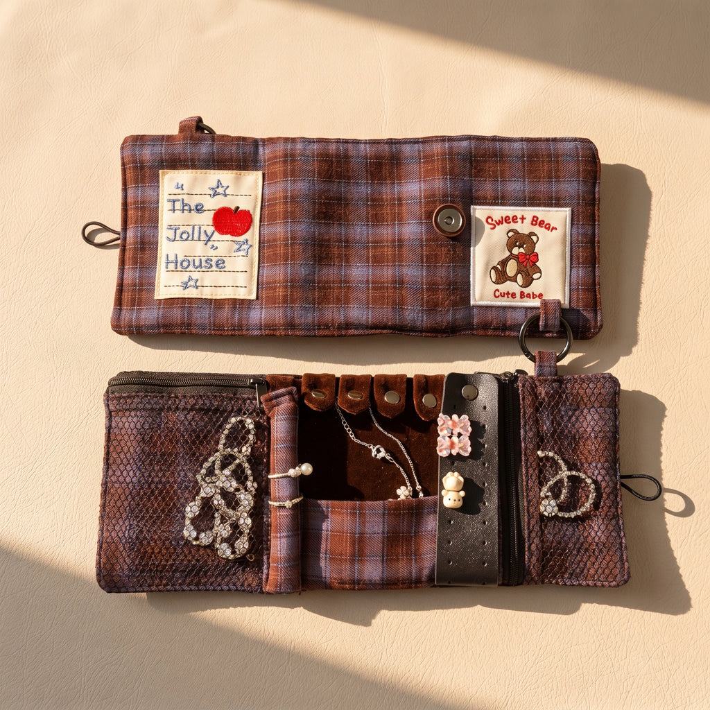 Vintage Plaid Travel Jewelry Roll Organizer | Hanging Tri-Fold Pouch with Carabiner